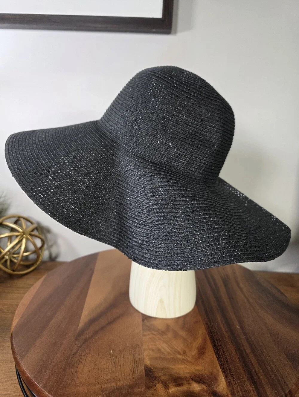 Calvin Klein Black Sparkle Straw Floppy Sun Hat Wide Brim Beach